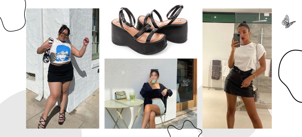 Sandália Anabela preta + mini saia formam um combo de estilo versátil e fashion. (Fotos: divulgação).