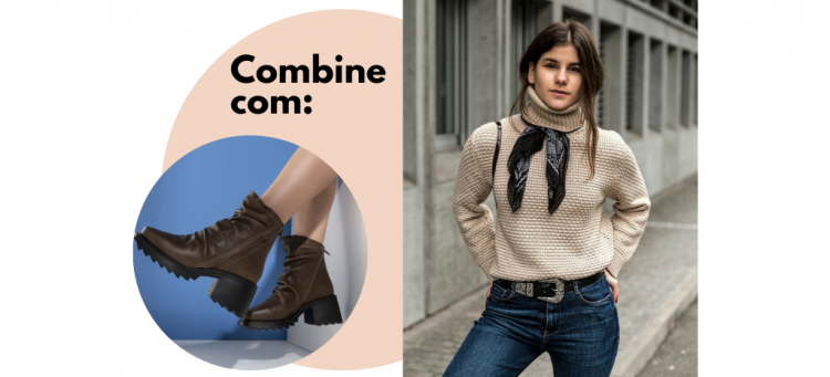 Bandana por baixo da gola alta combinando com o bota cano curto marrom