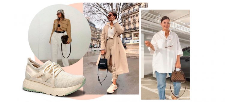 Looks em tons neutros com tênis knit em um visual chic