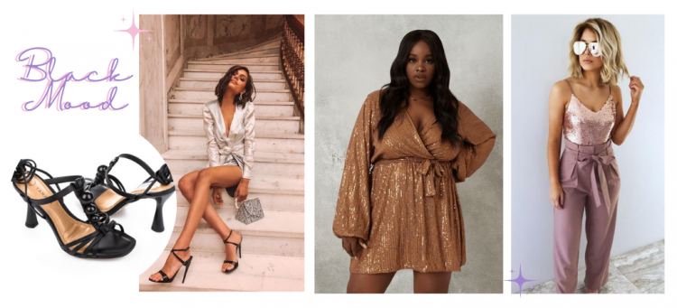 Looks de virada com sandália preta tanara e roupas brilhantes