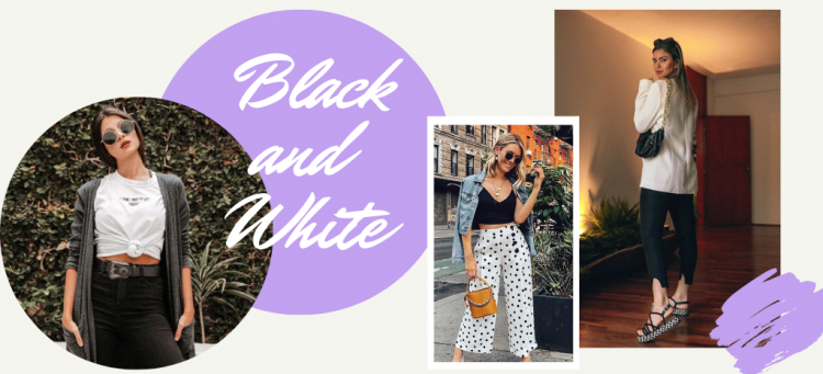 Influencer Tanara na combinação preto e branco com flatforms