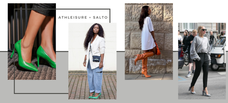 O salto + peças despojadas fazem parte do estilo athleisure. (Fotos: divulgação).