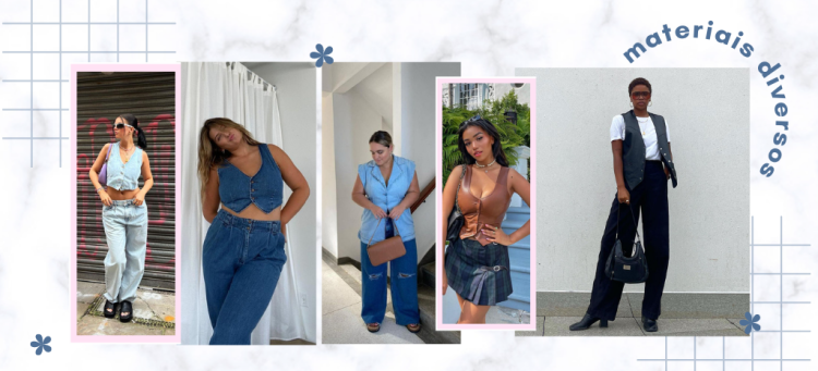 Seja em tecido de alfaiataria, jeans ou courino: o colete é tendência. (Fotos: divulgação).