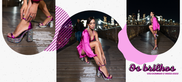 Eleve seu visual com a sandália Tanara com salto de brilhos coloridos. (Fotos: divulgação).