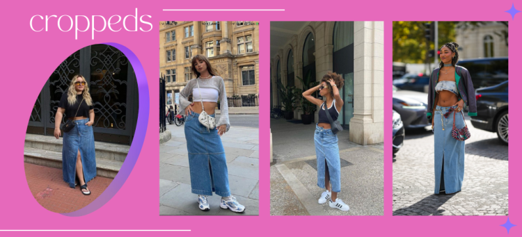 Aposte na saia longa jeans + cropped para visuais urbanos e casuais. (Fotos: divulgação).