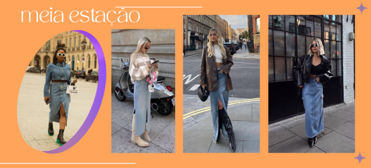 A saia longa jeans + bota oferece looks super estilosos para a meia-estação. (Fotos: divulgação).
