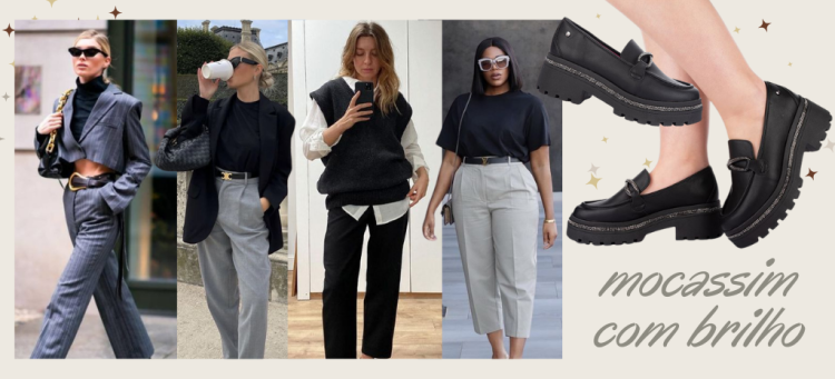 O mocassim com brilhos dá um up no office look. (Fotos: divulgação)