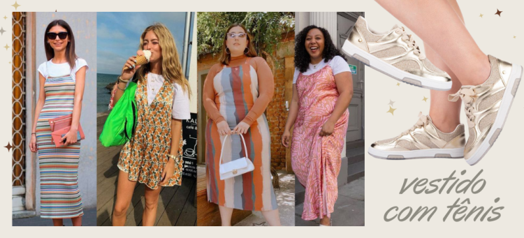 Vestido com tênis de brilho garante estilo e conforto. (Fotos: divulgação)