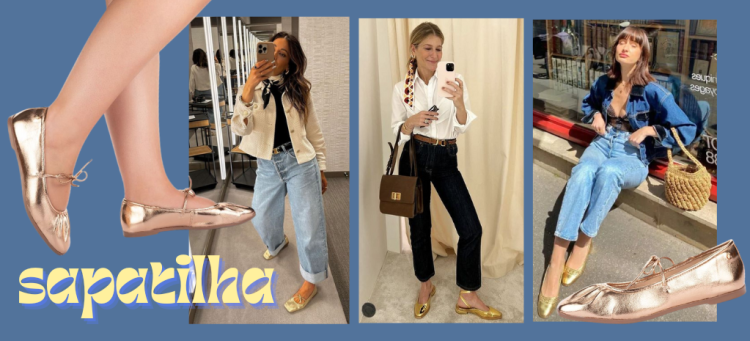 4 calçados flats para apostar agora: sapatilha metalizada. (Fotos: divulgação)