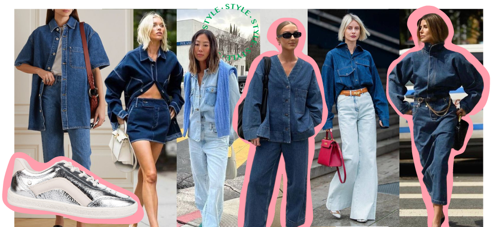 O look total jeans é uma tendência atemporal e funciona com tênis metalizado. (Fotos: divulgação)