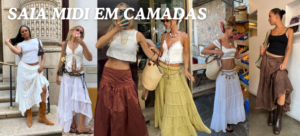 Peças Boho para investir nesse verão: saia midi em camadas. (Fotos: divulgação)