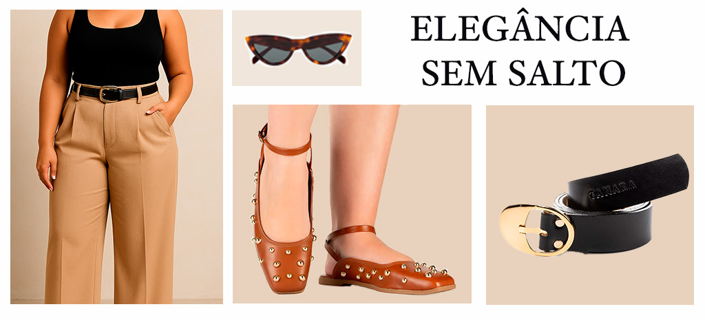 Elegância com personalidade: sem salto com sapatilha e cinto Tanara. (Fotos: divulgação)