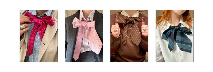 A gravata em laço ganha uma releitura romântica e feminina.