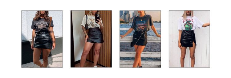 Saia de couro em look casual chic.