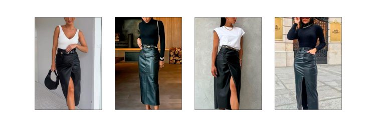 Saia de couro em look com Office Mood.