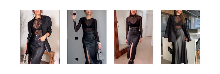 Saia de couro em look evening glam.