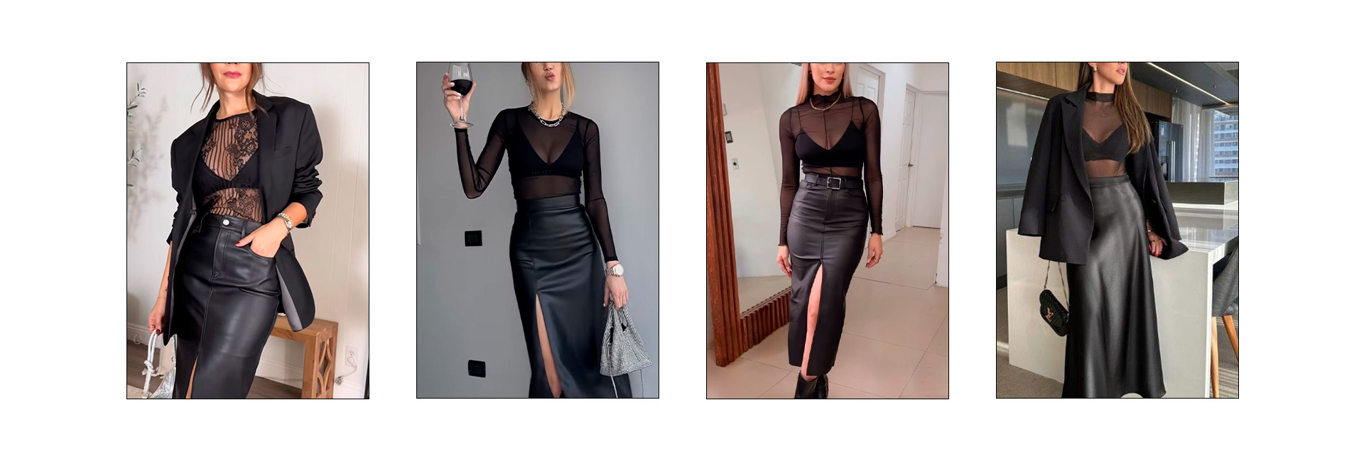 Saia de couro em look evening glam.